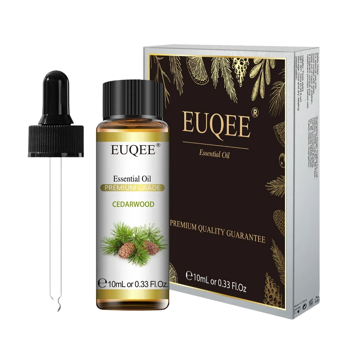Euqee brand pure eucalyptus essential oil in a clear glass bottle with black dropper and elegant brown gold packaging