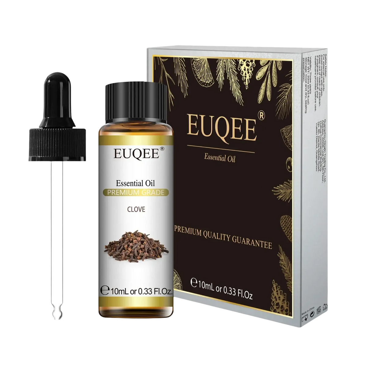 Euqee brand pure eucalyptus essential oil 10ml in a clear glass bottle with black dropper and elegant brown gold packaging