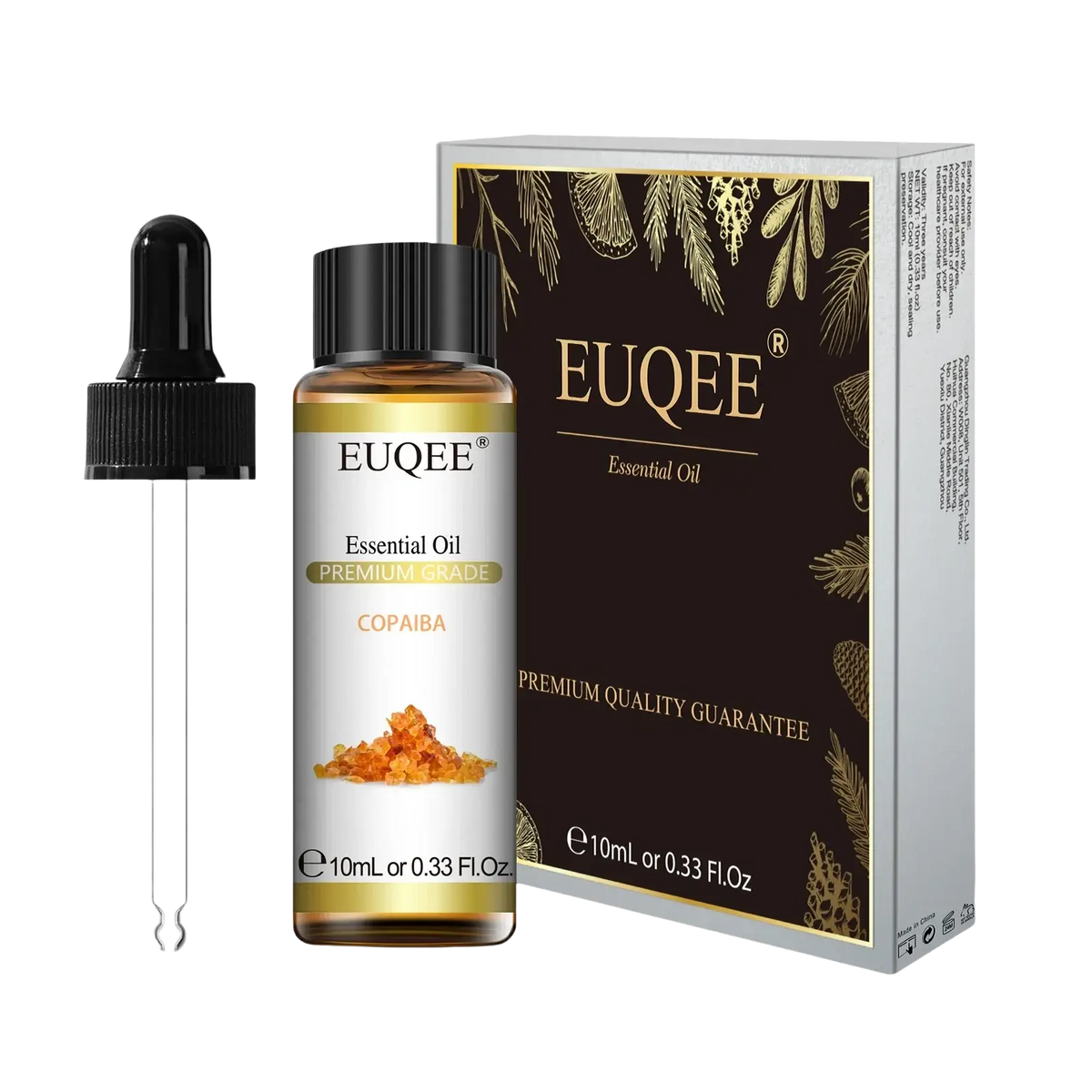 Euqee brand premium grade copaiba essential oil in a clear glass bottle with black cap and dropper for aromatherapy use