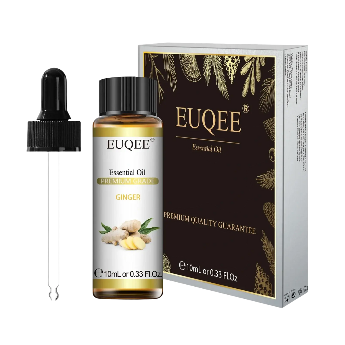 Euqee pure eucalyptus essential oil 10ml in clear glass bottle with black dropper and elegant brown gold packaging