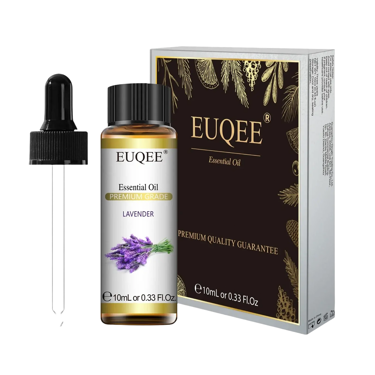 Euqee eucalyptus essential oil pure 10ml in clear glass bottle with black dropper and elegant brown and gold packaging