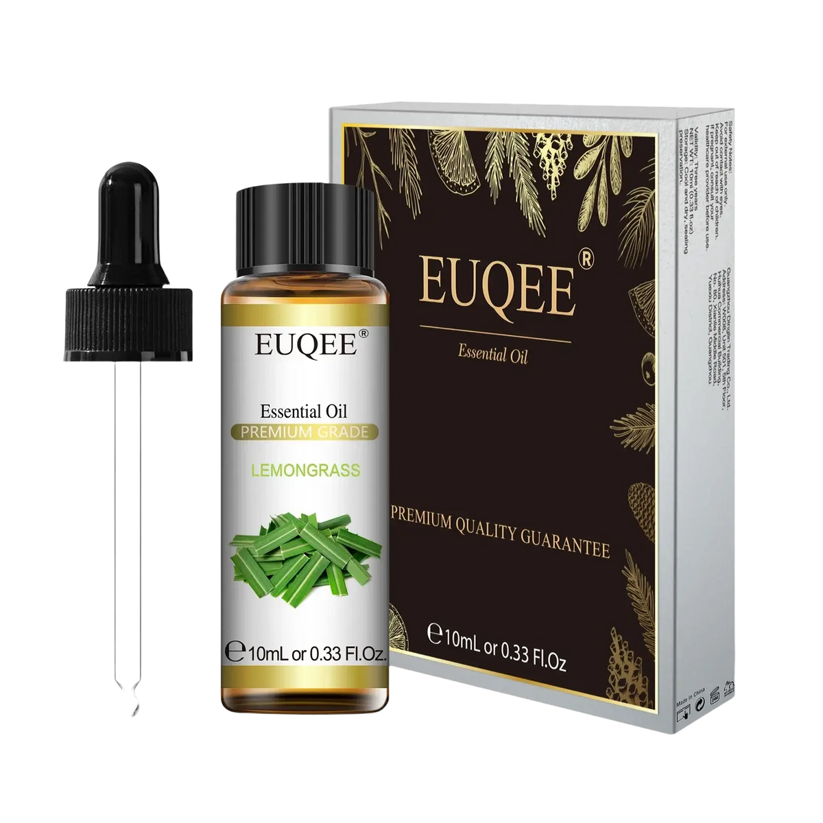 Euqee eucalyptus essential oil pure 10ml in clear glass bottle with black dropper and elegant brown gold packaging