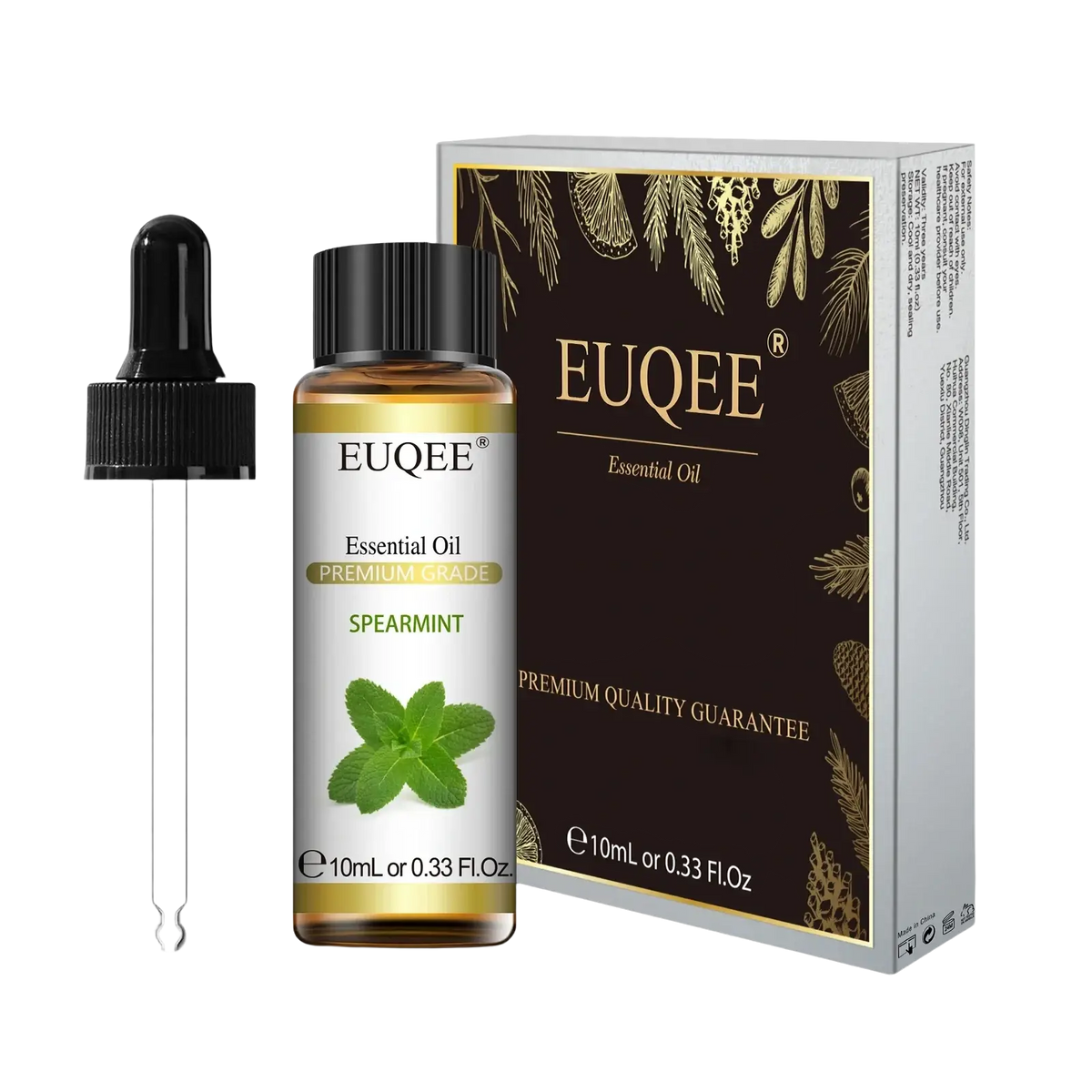 Euqee pure spearmint essential oil in a clear glass bottle with black dropper and elegant brown gold packaging