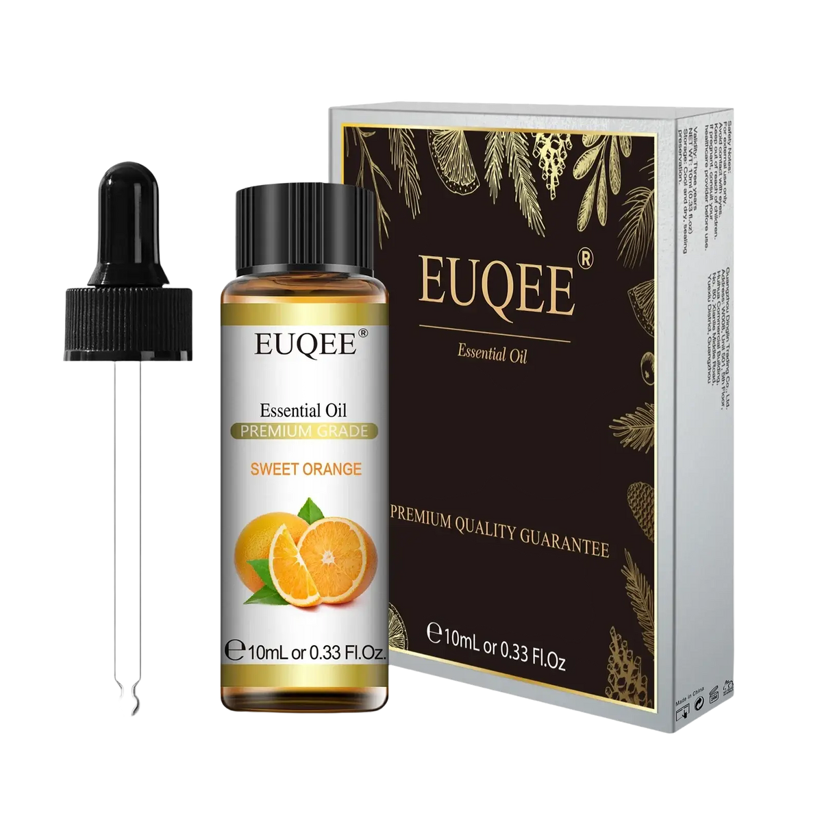 Euqee eucalyptus essential oil pure 10ml in a clear glass bottle with black dropper, packaged in an elegant brown box