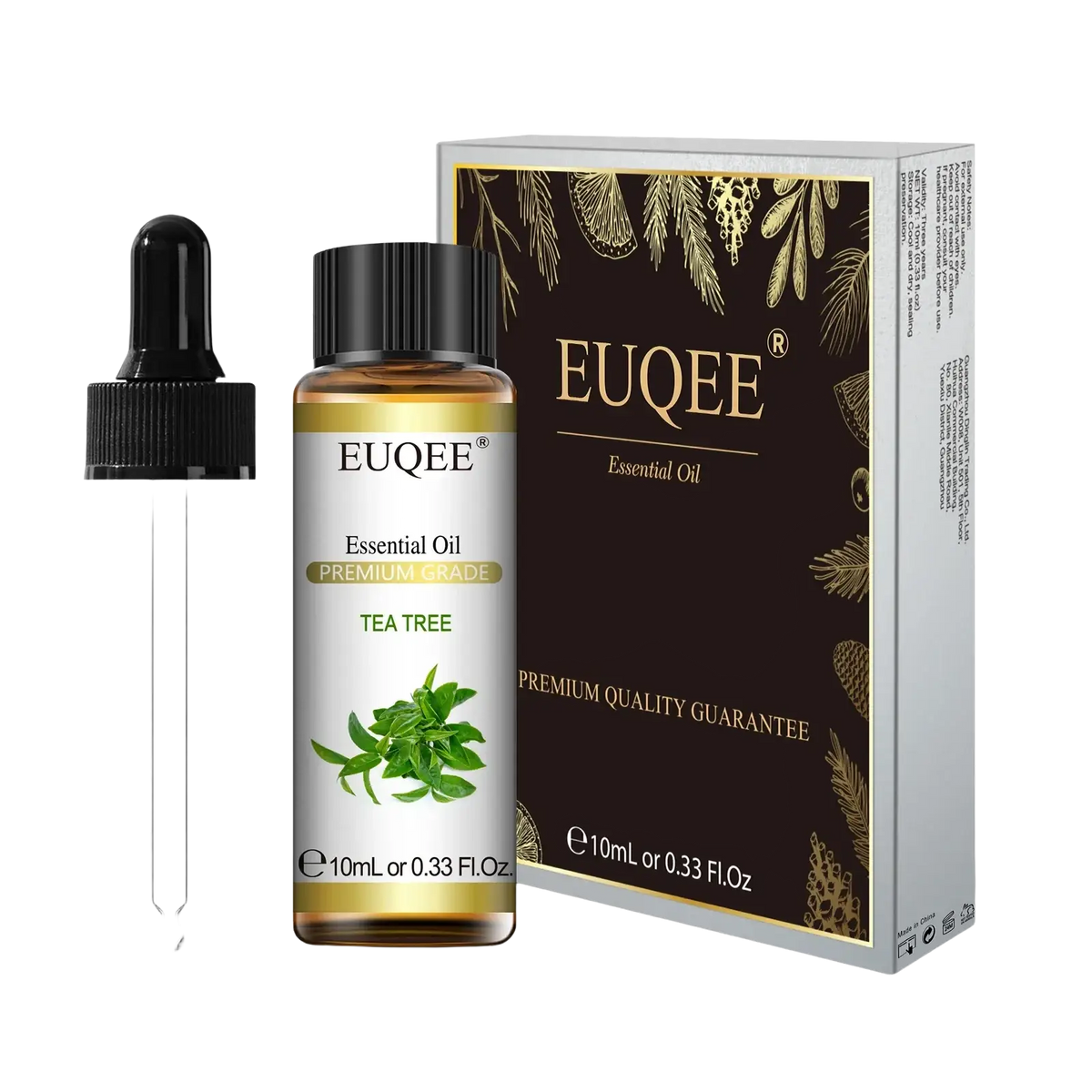 Euqee eucalyptus essential oil pure 10ml in clear glass bottle with black dropper and elegant brown gold packaging