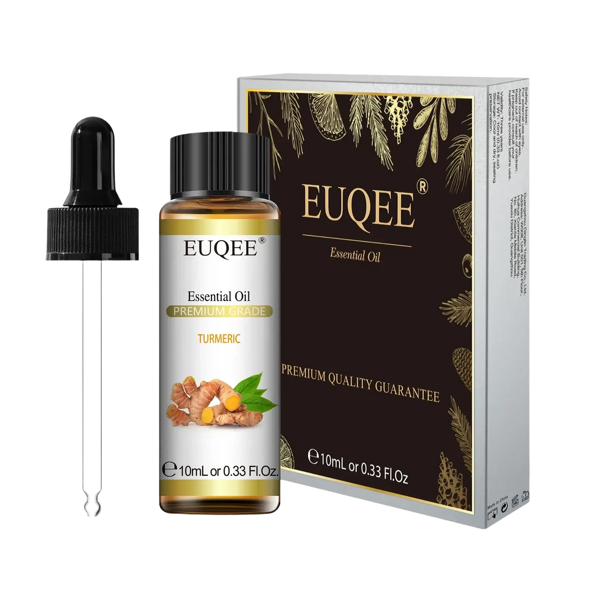 Euqee brand eucalyptus pure essential oil in a clear glass bottle with black dropper and ginger label for aromatherapy