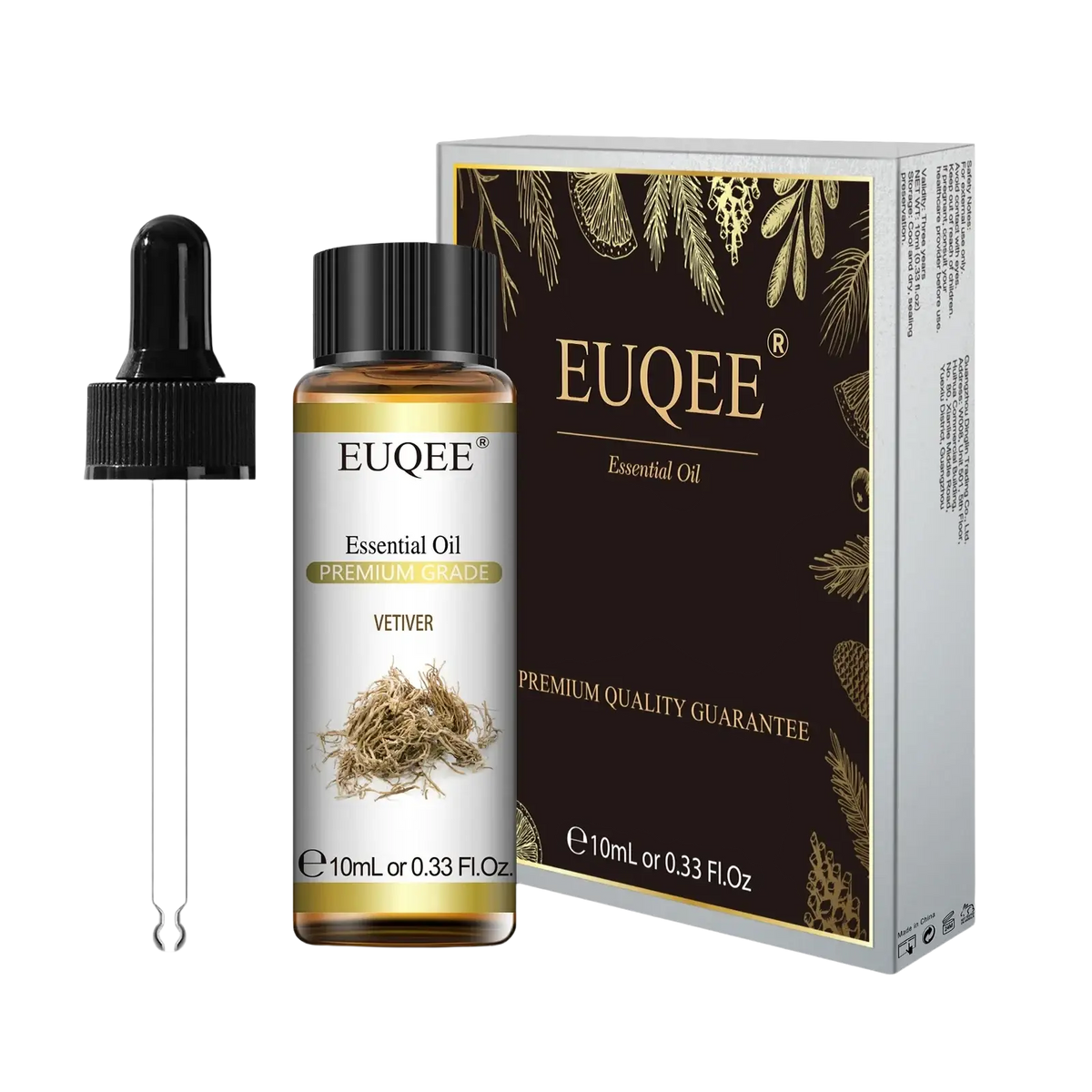 Euqee brand pure vetiver essential oil in 10ml amber glass bottle with black dropper cap and matching packaging for aromatherapy