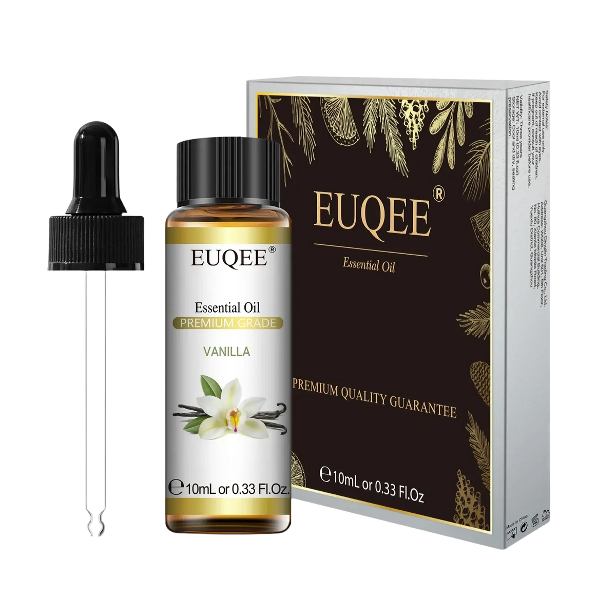 A sleek amber glass bottle of eucalyptus pure essential oil 10ml with black dropper cap and white orchid label