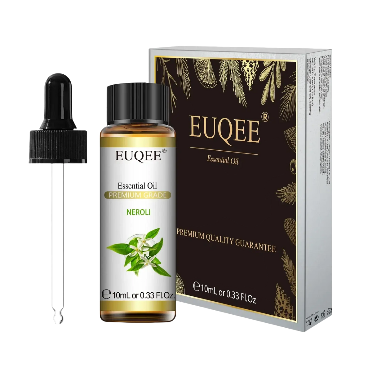 A sleek amber glass bottle of Euqee brand pure eucalyptus essential oil with black dropper and gold-accented label