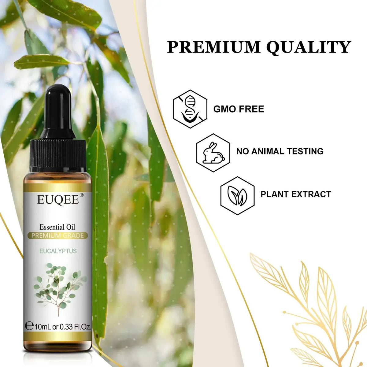 A sleek amber glass bottle of euqee pure eucalyptus essential oil with black dropper cap for aromatherapy use