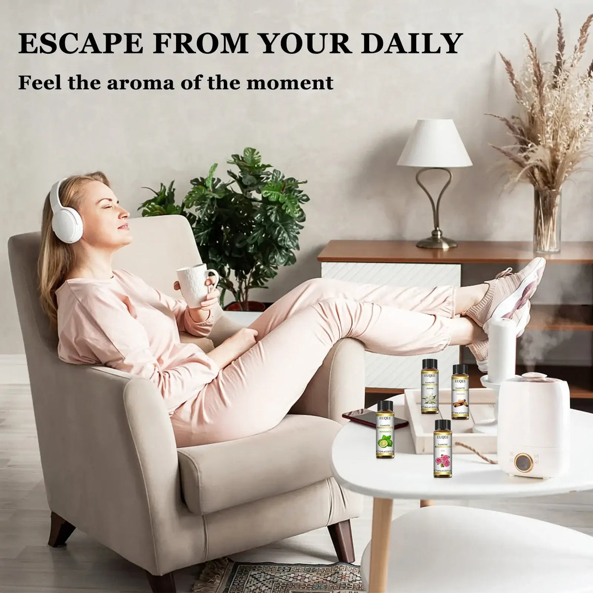 White ceramic diffuser with minimalist design and soft rounded edges for eucalyptus pure essential oil aromatherapy
