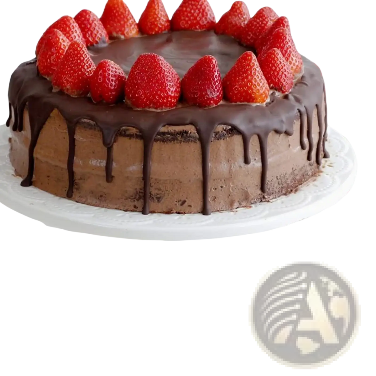 Eucalyptus leaf place cards with a rich chocolate frosted cake adorned with fresh strawberries and chocolate drizzle