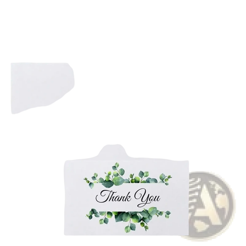 White rectangular thank you card with green eucalyptus leaf design and elegant black cursive text for wedding place cards
