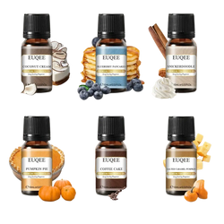 Euqee bakery fragrance oil set of six 10ml glass bottles with black caps each containing scented essential oil