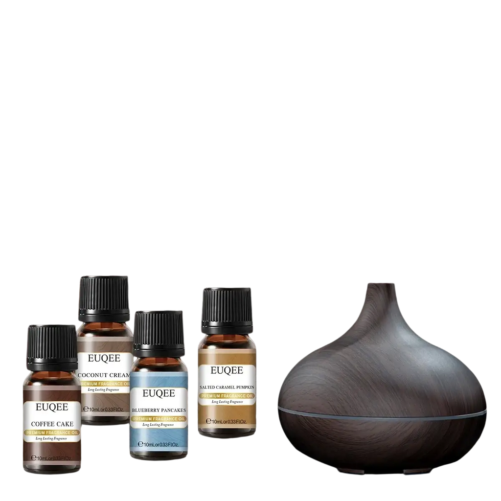 Euqee bakery fragrance oil set with dark wood-finish ceramic diffuser and sleek led strip for essential oil bottles 10ml