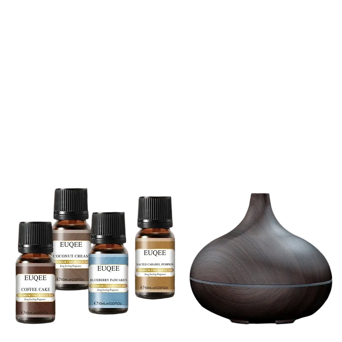 Euqee bakery fragrance oil set with dark wood-finish ceramic diffuser and sleek led strip for essential oil bottles 10ml