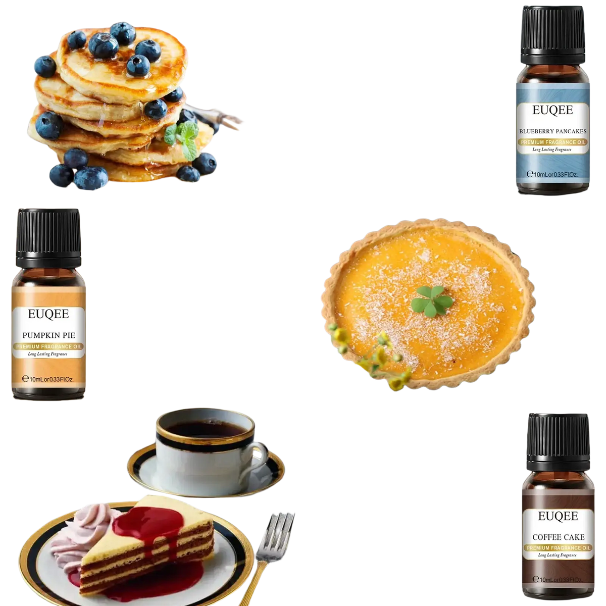 Euqee bakery fragrance oil set with three 10ml essential oil bottles featuring seasonal scents and food imagery