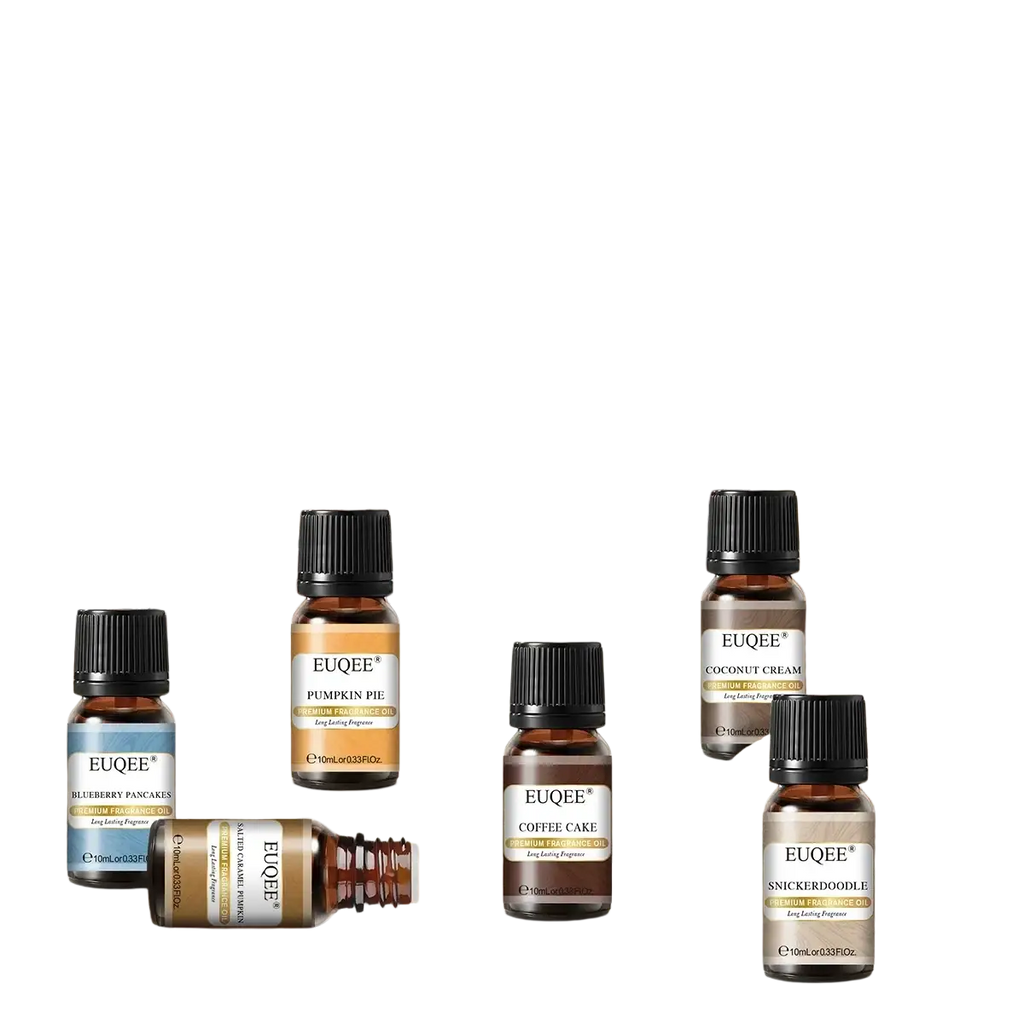 Set of five amber glass fragrance oil bottles 10ml with black caps labeled euqee bakery essential oil scents