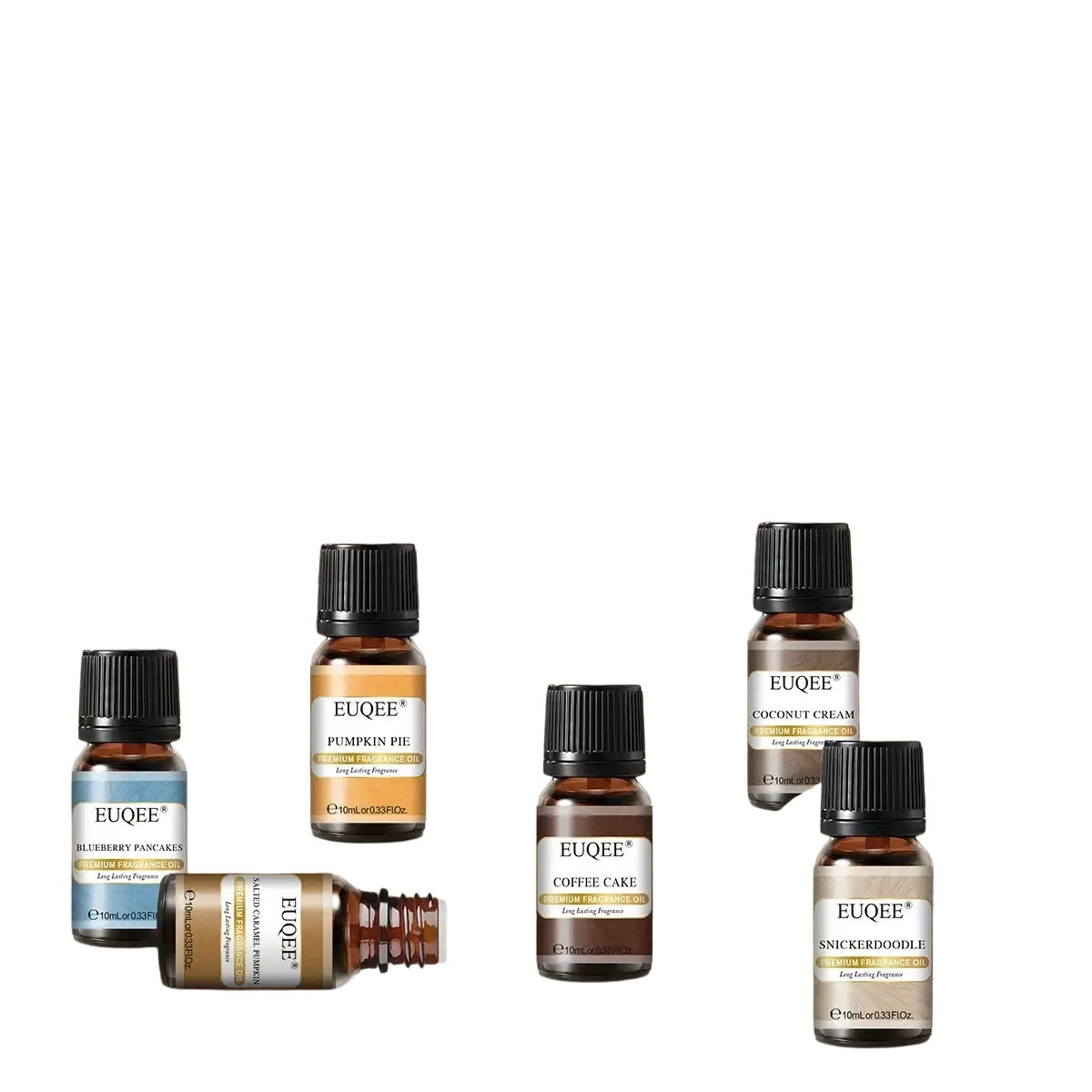 Set of five amber glass fragrance oil bottles 10ml with black caps labeled euqee bakery essential oil scents