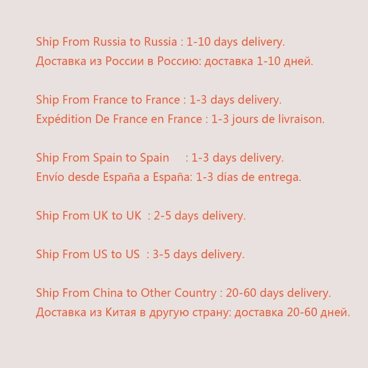 Back side of euqee bakery fragrance oil set 6 x 10ml bottle displaying shipping delivery times in multiple languages