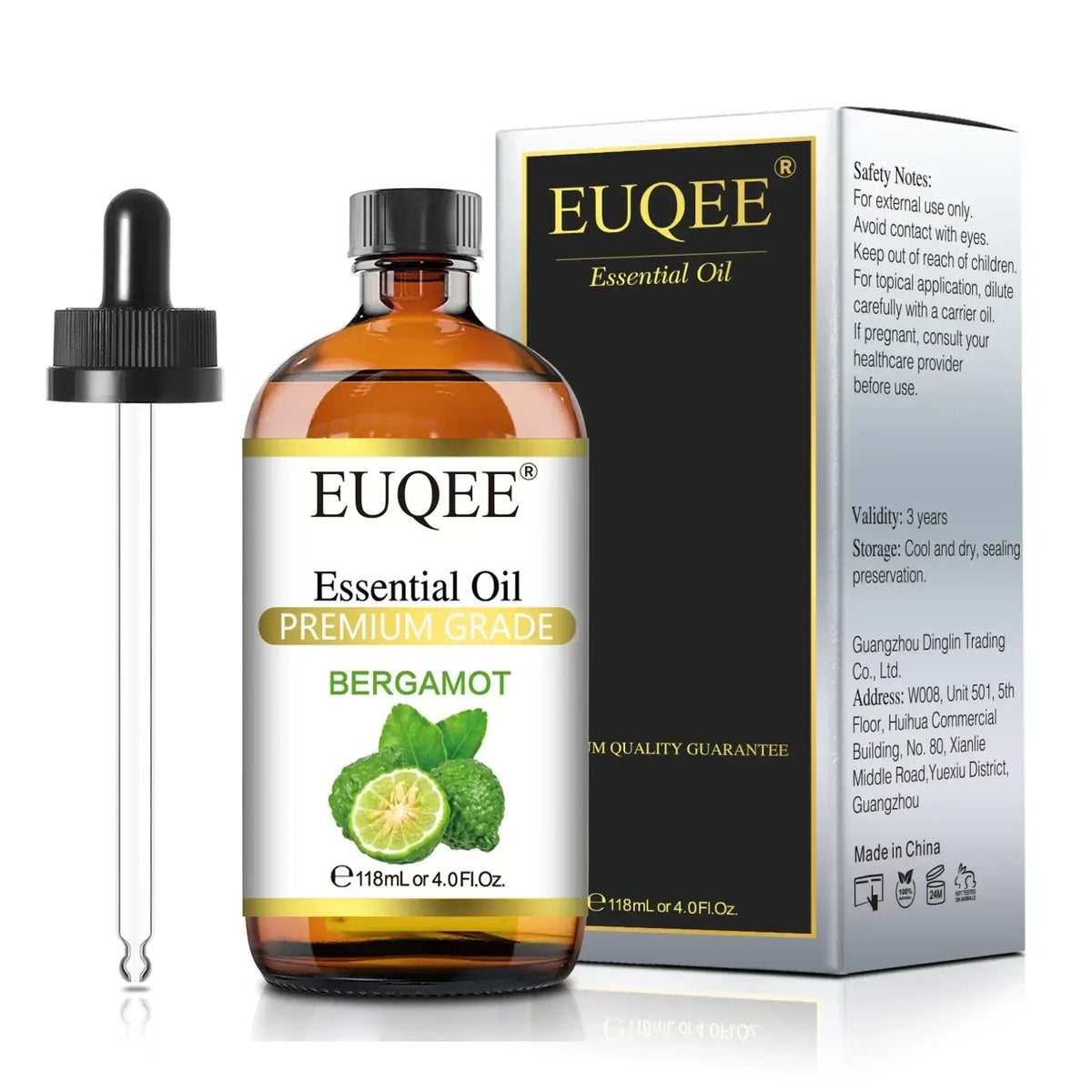 Amber glass bottle of Euqee essential premium grade bergamot essential oil with black dropper and branded box