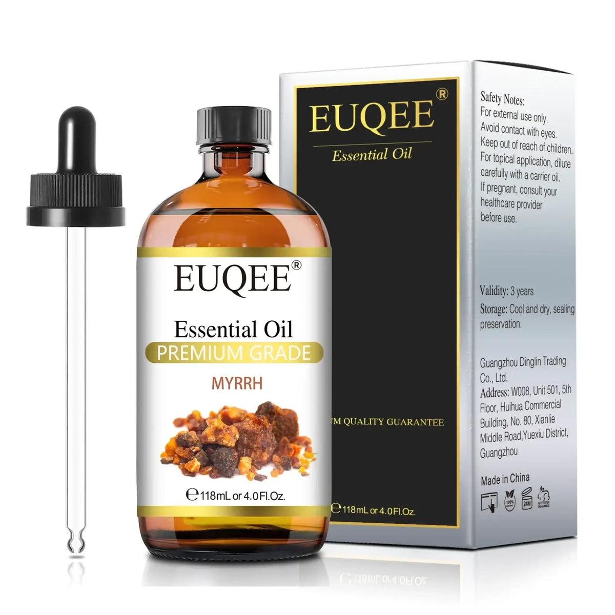 Amber glass bottle of Euqee premium grade myrrh essential oil with black cap and dropper alongside branded box