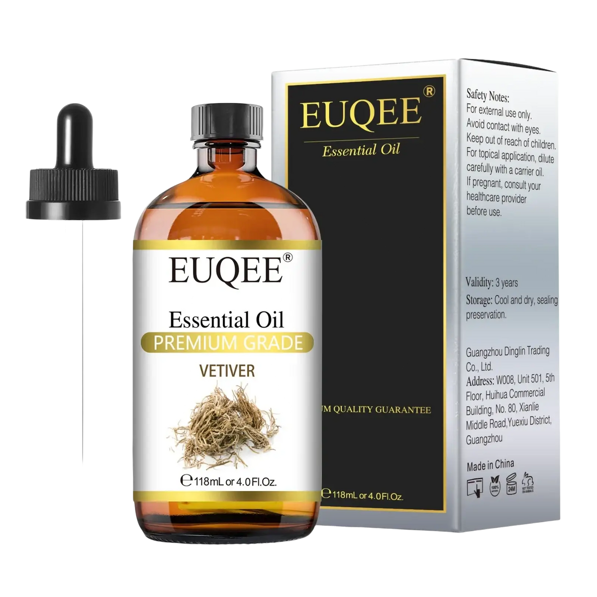Euqee essential vetiver essential oil in a premium amber glass bottle with black dropper and matching packaging