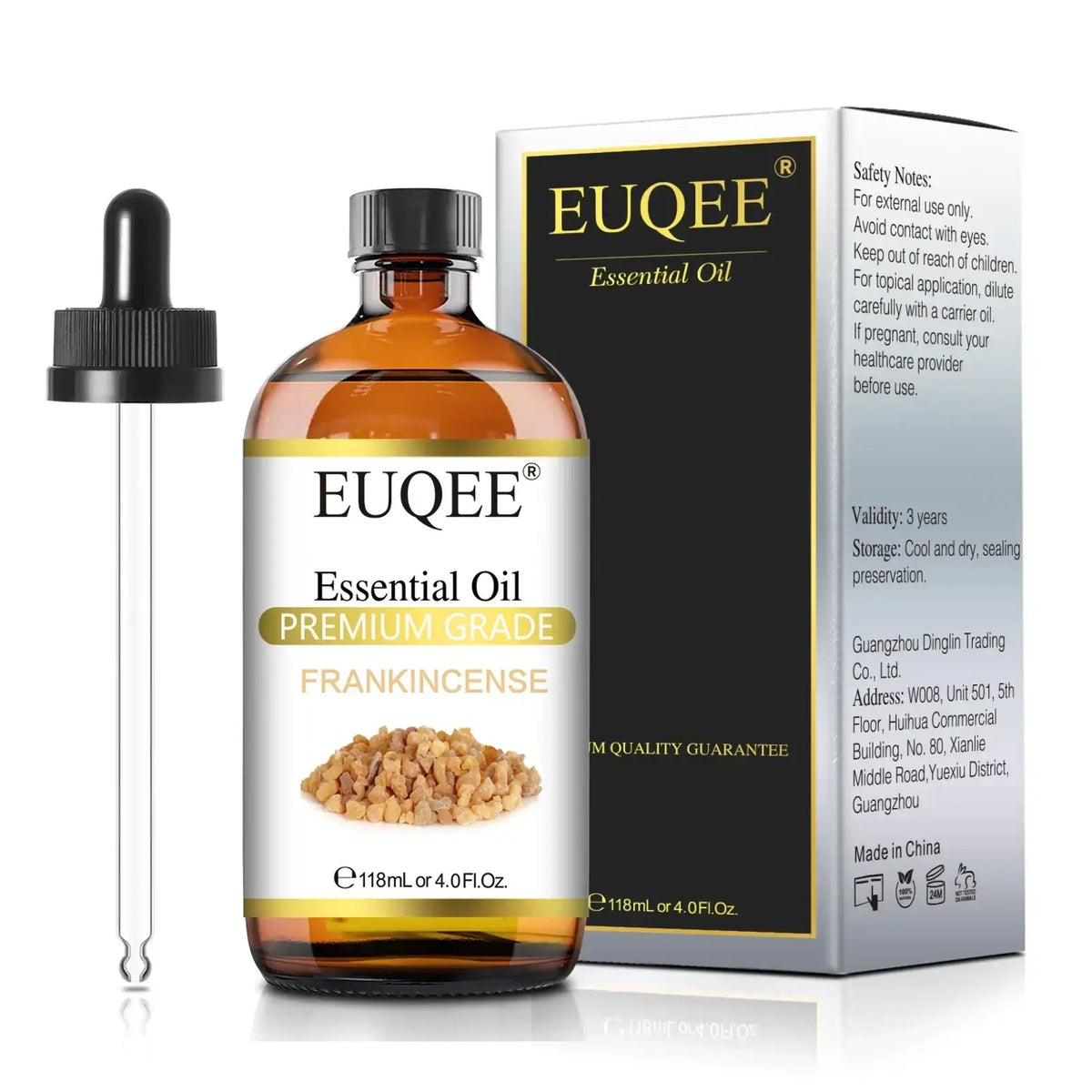 Euqee essential oils premium grade frankincense oil in 4 oz amber glass bottle with black dropper cap and packaging
