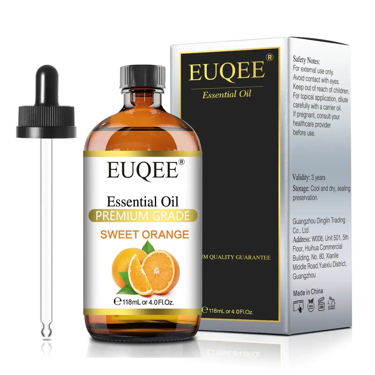 Euqee essential oils premium grade sweet orange essential oil in clear amber glass bottle with black dropper cap 4 oz