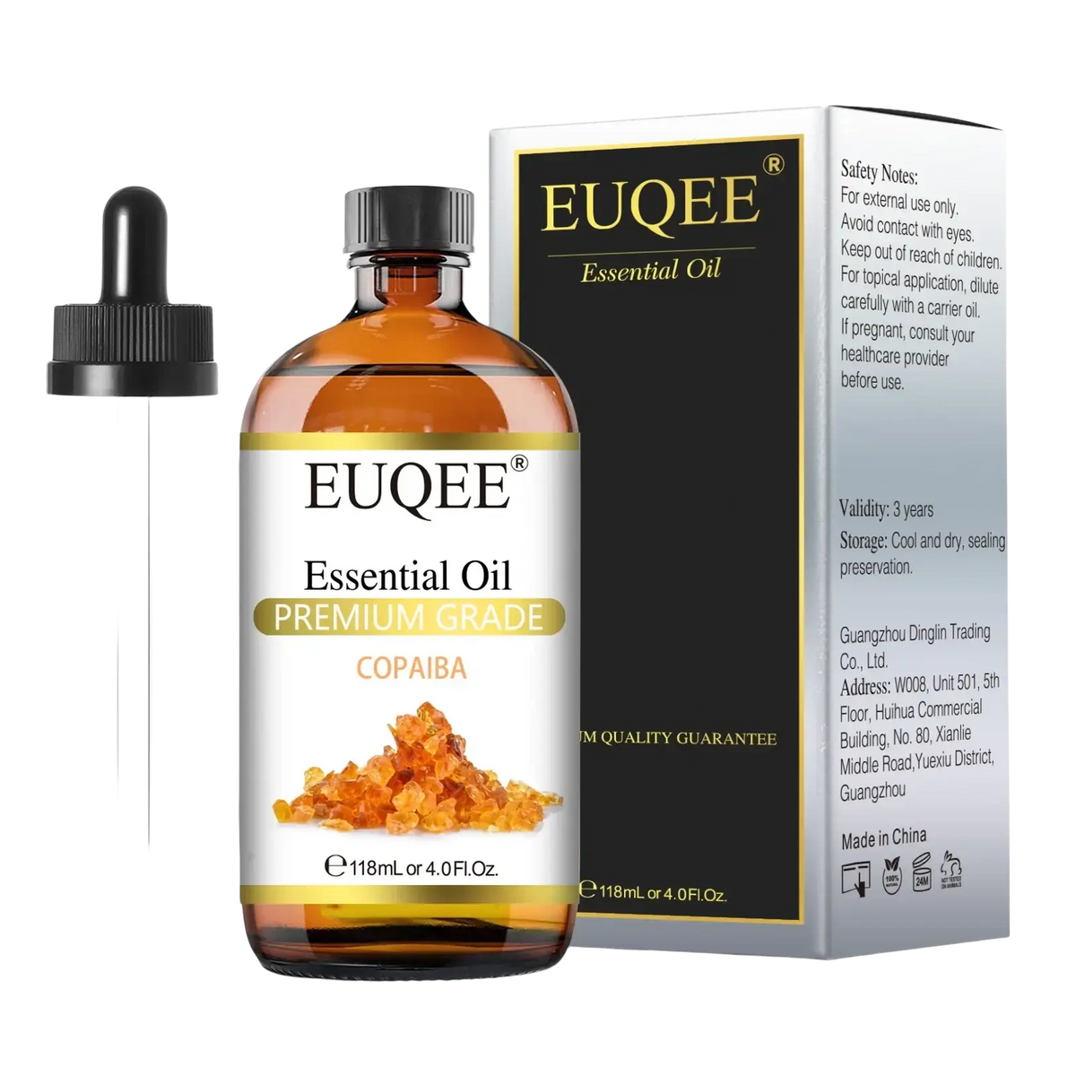 Euqee essential oils copaiba premium grade 4 oz in amber glass bottle with black dropper and matching packaging