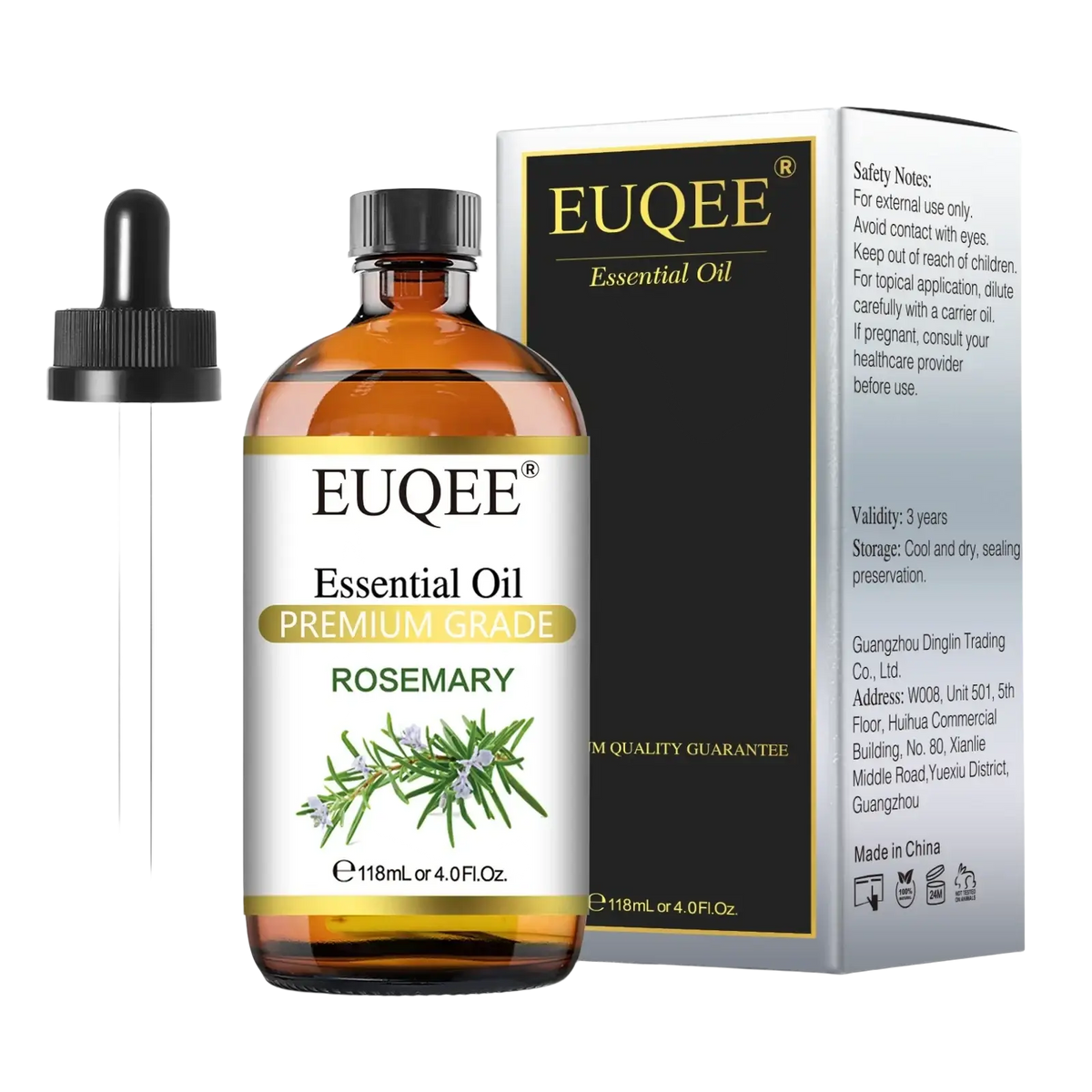 Euqee essential oils premium grade rosemary essential oil in amber glass bottle with black dropper for aromatherapy use