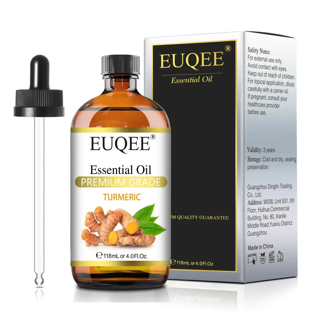 Euqee essential oils premium grade turmeric essential oil in amber glass bottle with black dropper cap and packaging