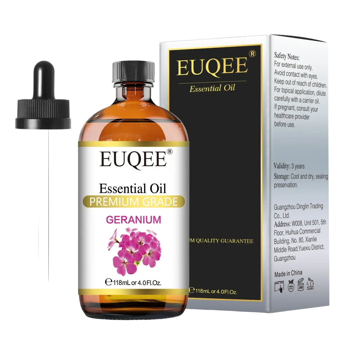 A clear amber glass bottle of euqee essential geranium essential oil with black dropper cap and pink floral label