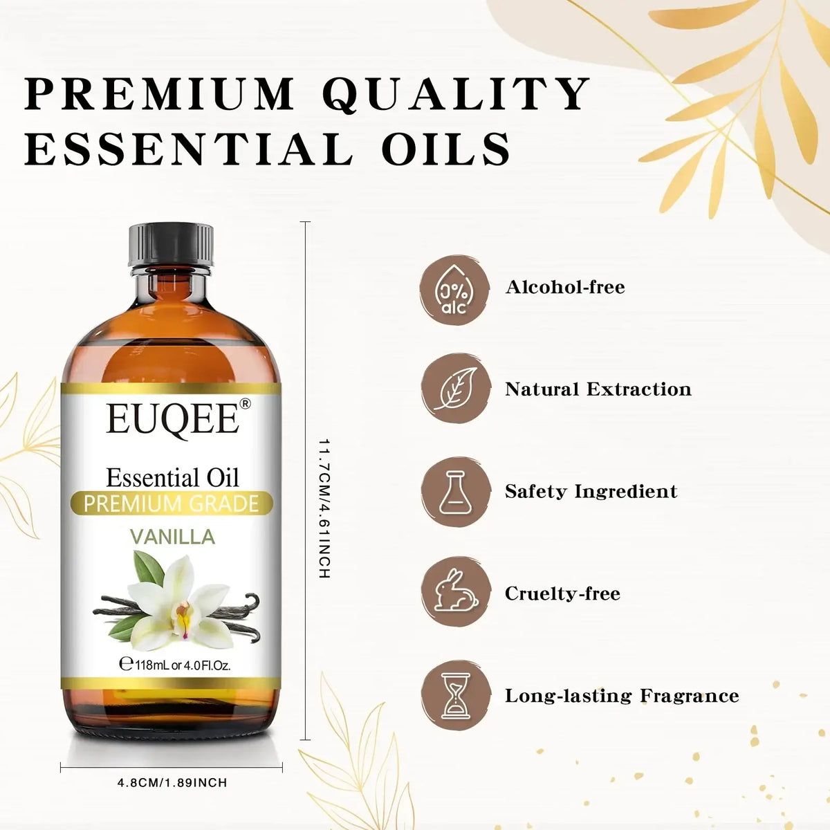 A clear amber glass bottle with black cap and white label of euqee essential oils pure aromatherapy 4 oz with vanilla design