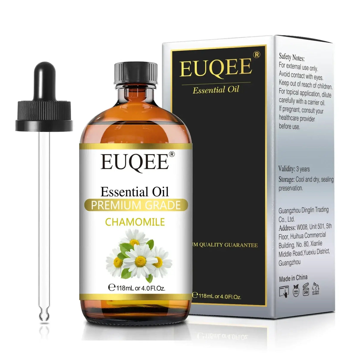 A clear amber glass bottle of euqee essential oil chamomile 118ml with black dropper and floral label for aromatherapy