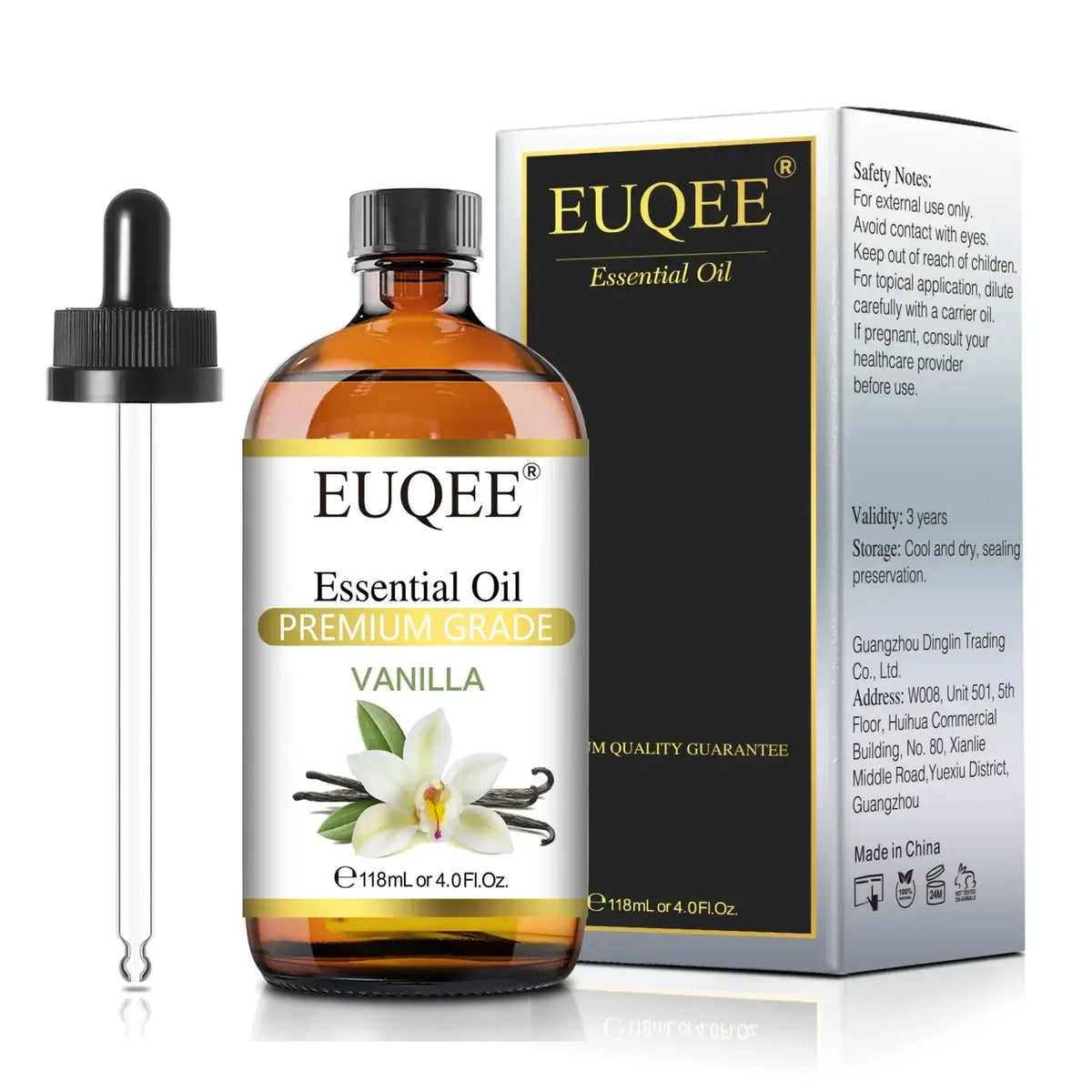 A clear amber glass bottle of euqee essential oils pure aromatherapy vanilla essential oil 118ml with black dropper cap