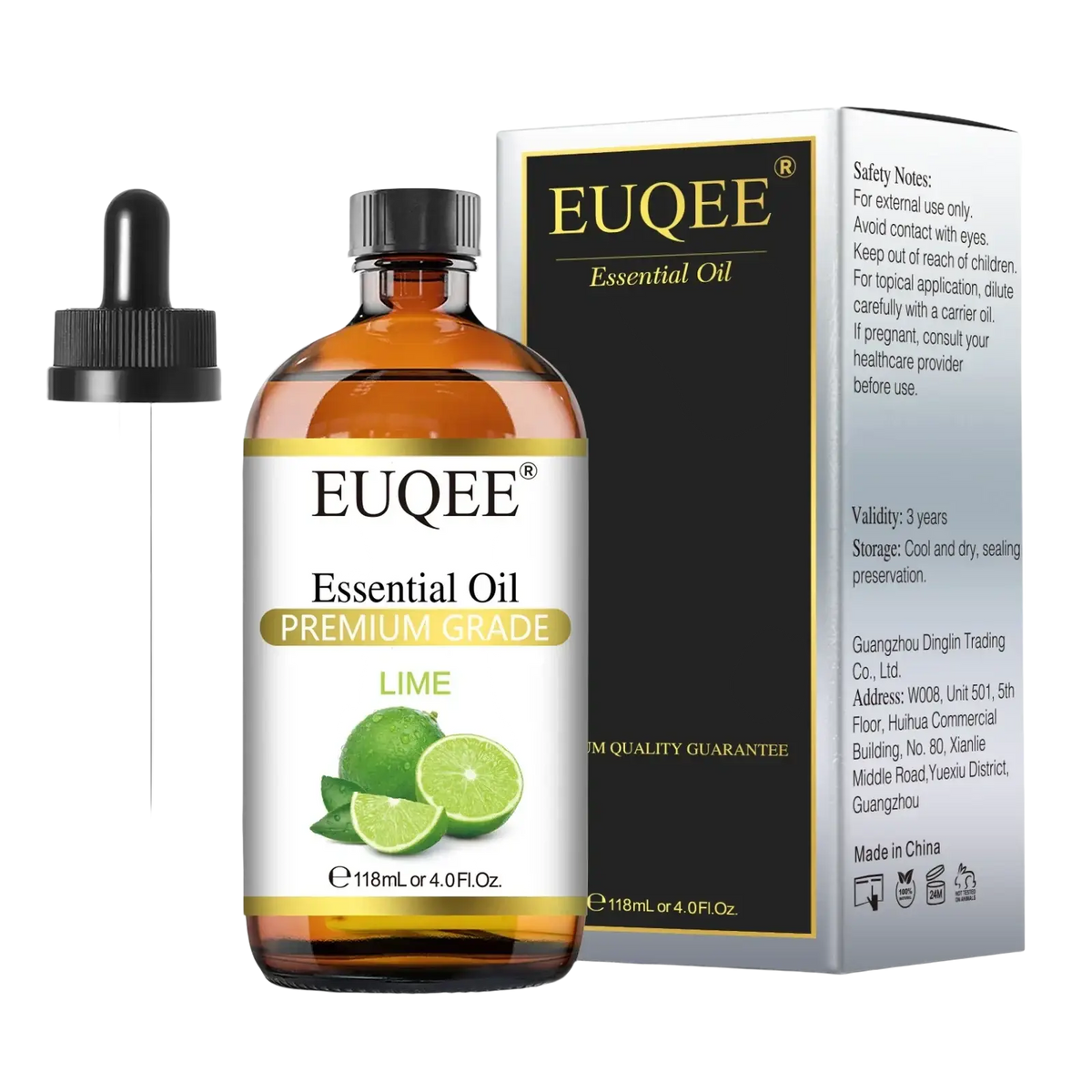 A clear amber glass bottle of euqee essential oils pure aromatherapy lime essential oil 118ml with black dropper cap