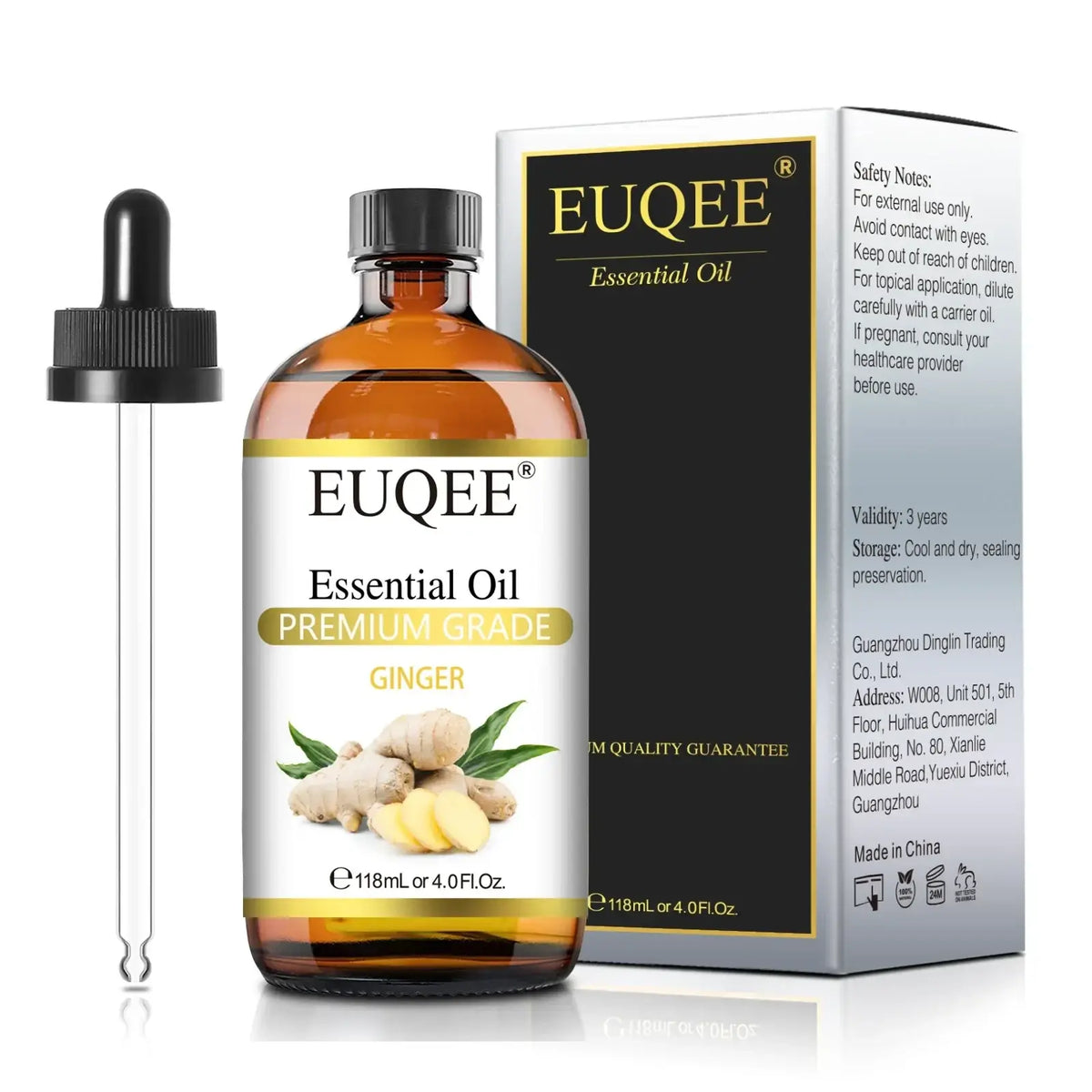 A clear amber glass bottle of Euqee essential oil ginger premium grade 118ml with black dropper cap and ginger label