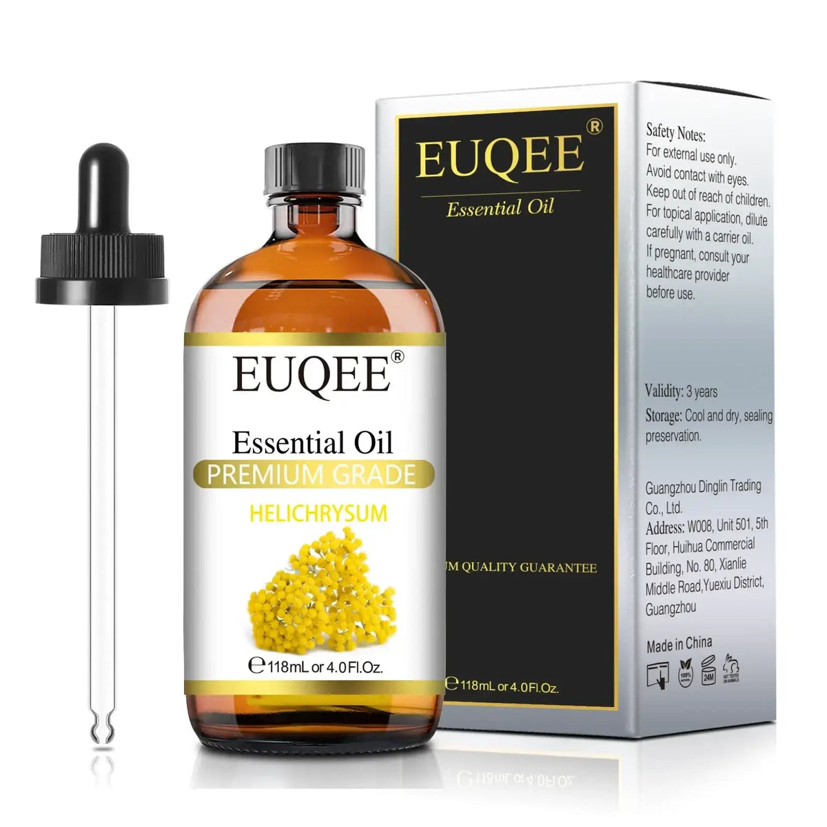 A clear amber glass bottle of euqee essential oils hel-rich premium grade helichrysum essential oil with black dropper cap and yellow floral label
