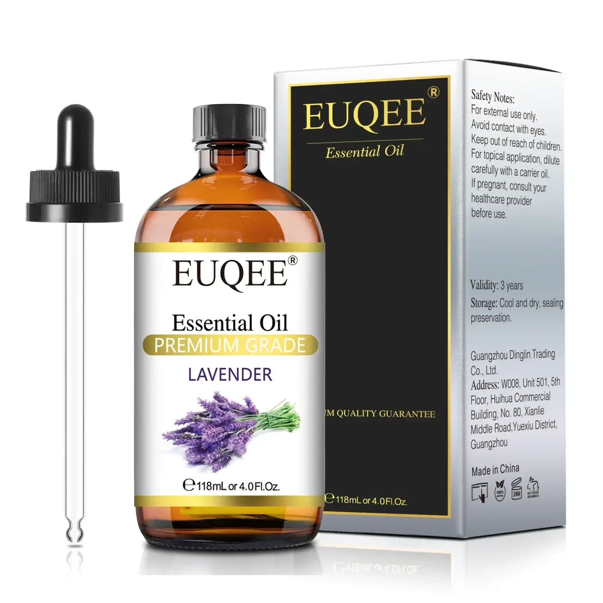 A clear amber glass bottle of euqee essential lavender oil with black dropper cap and white label showing lavender flowers