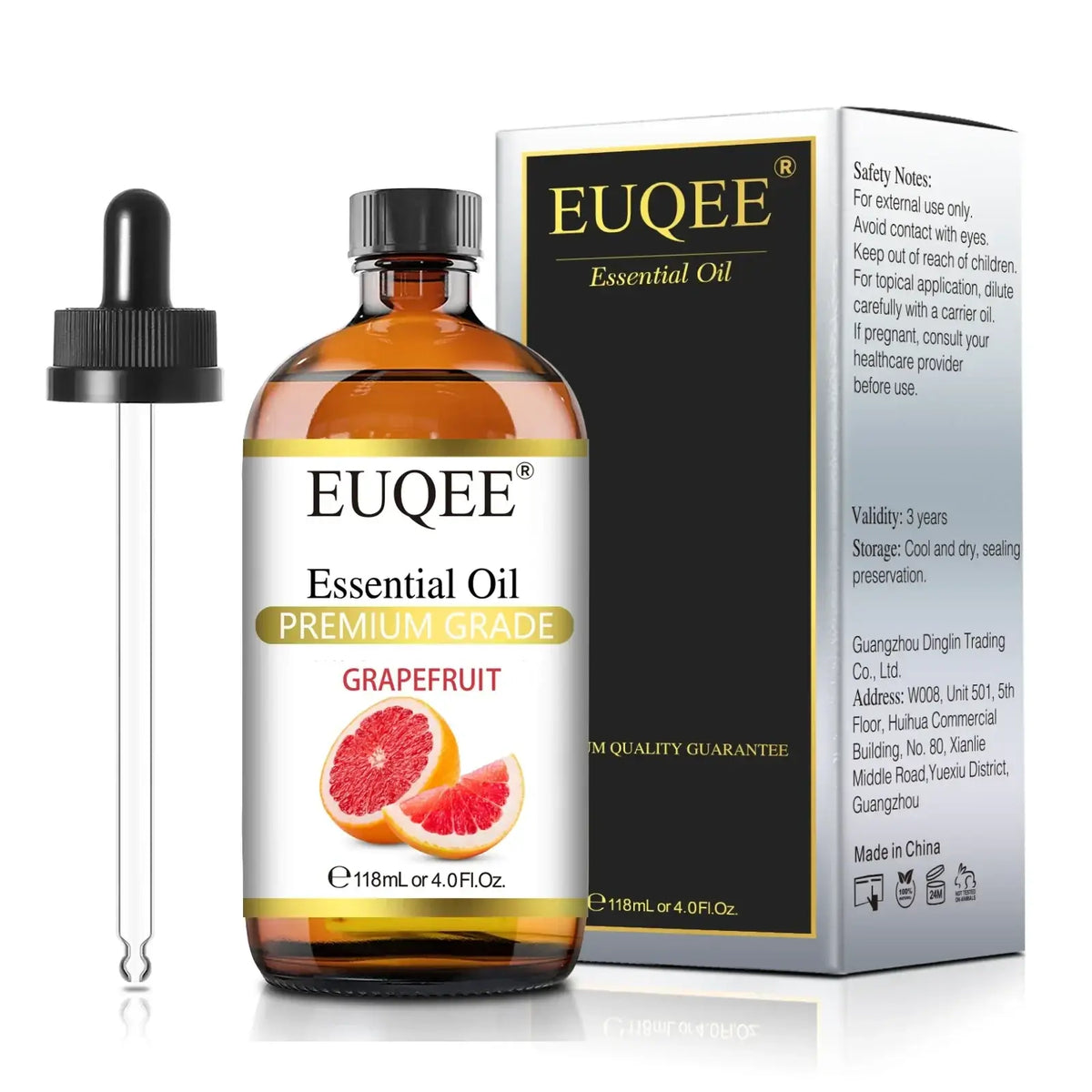 A clear glass bottle of euqee essential oils premium grade grapefruit essential oil 118ml with black dropper cap and grapefruit label