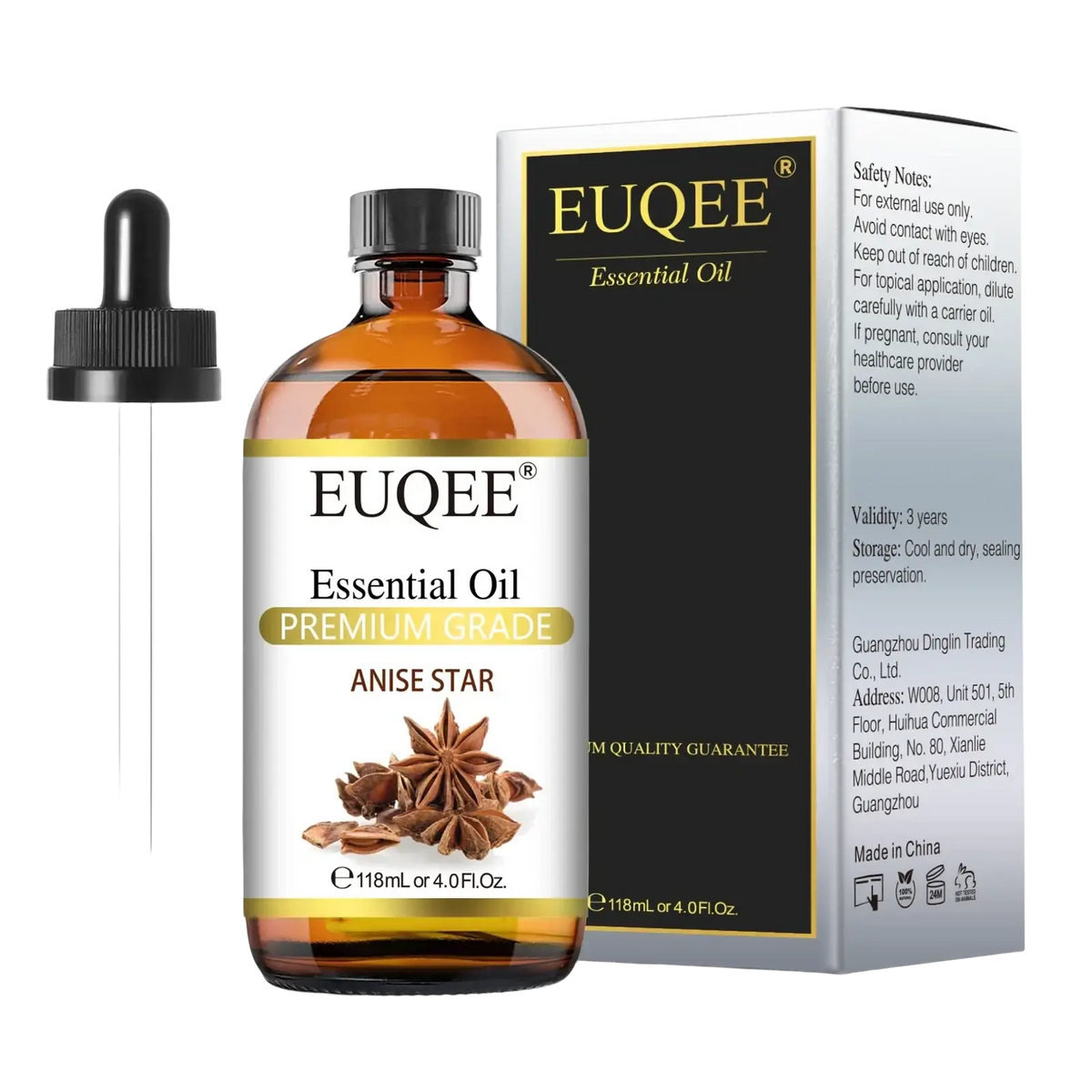 A clear glass bottle with black dropper cap containing amber euqee essential oils premium grade anise star essential oil