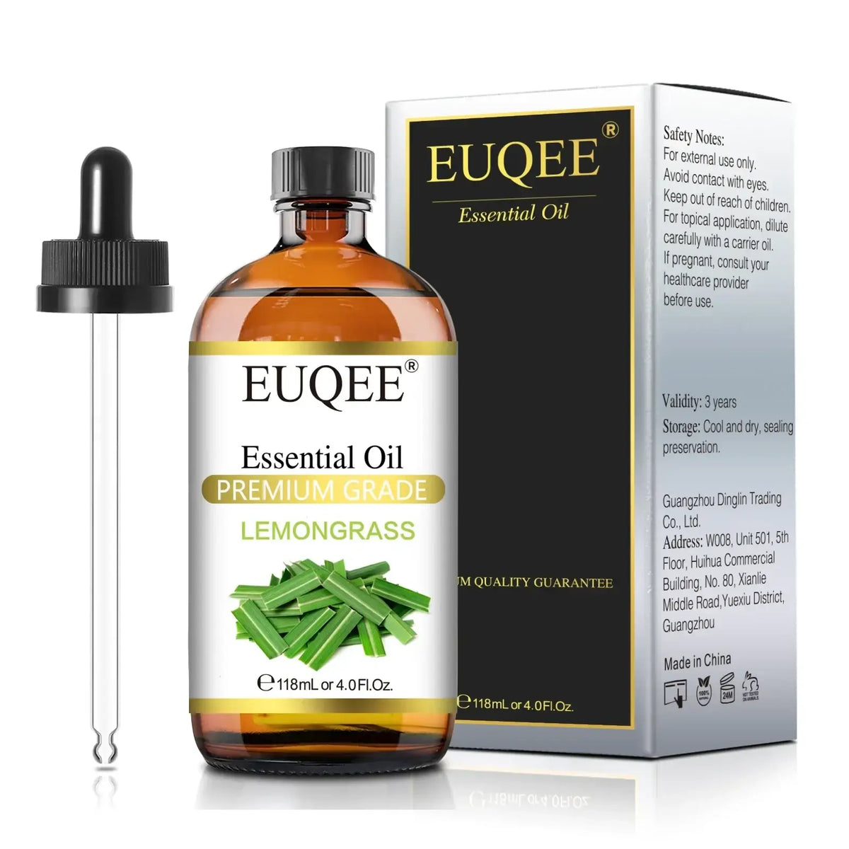 A clear glass bottle of euqee premium grade lemongrass essential oil 118ml with black dropper cap and green label