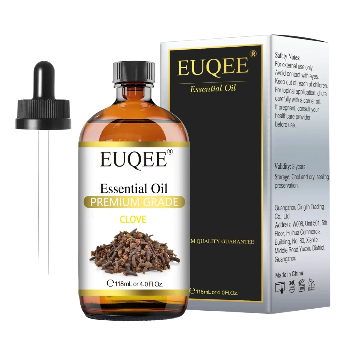A clear glass bottle of Euqee essential oils premium grade clove essential oil 118ml with black dropper cap and clove label