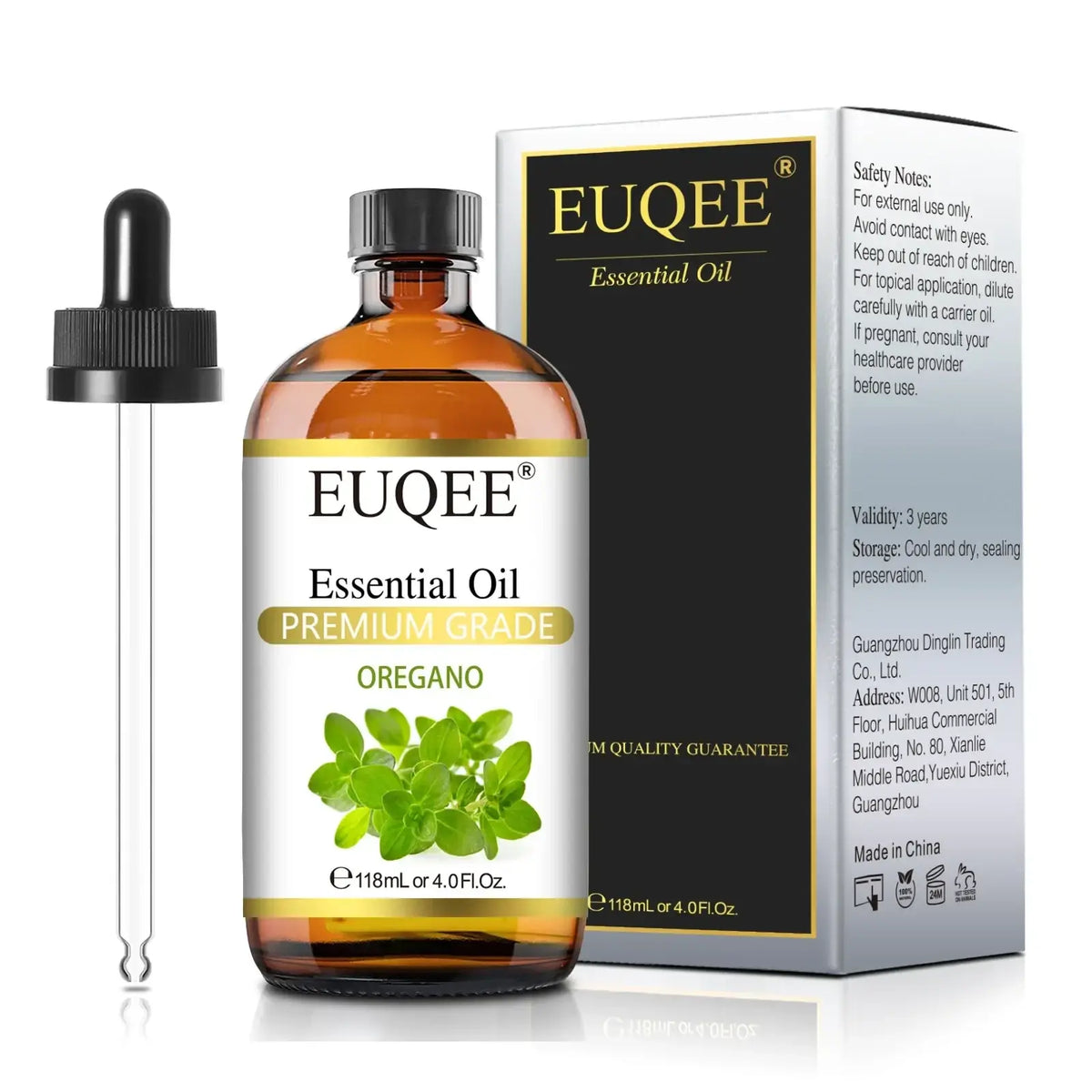 A clear glass bottle of euqee essential oil oregano essential oils 118ml with black dropper cap and green leaf label