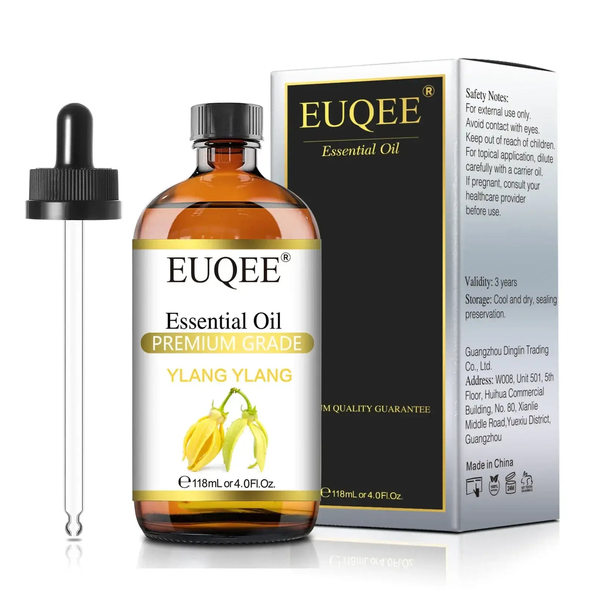 A clear glass bottle with black cap and dropper containing amber euqee essential oils pure aromatherapy grade oil