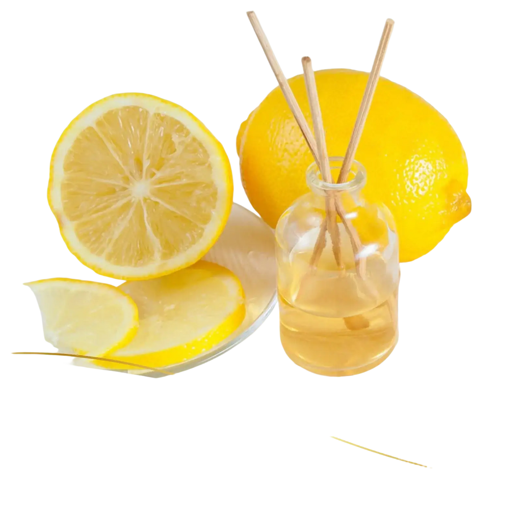 Clear glass diffuser bottle with wooden reeds filled with golden-yellow liquid for Euqee essential oils aromatherapy