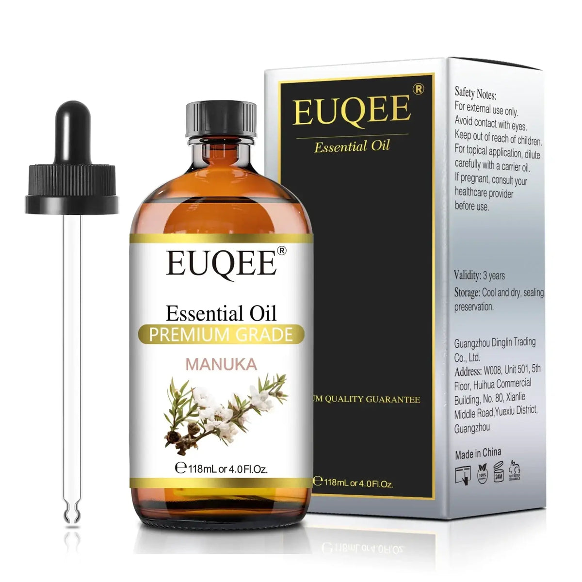 Euqee essential oils premium grade manuka essential oil in an amber glass bottle with black dropper and packaging