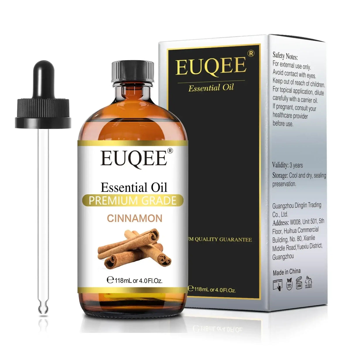 Euqee essential oil premium grade cinnamon in clear amber glass bottle with dropper and branded packaging 4 oz
