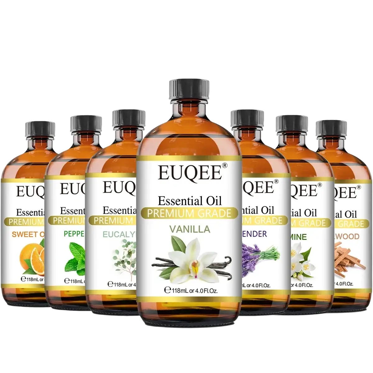 A row of amber glass essential oil bottles with black caps labeled euqee essential featuring botanical illustrations